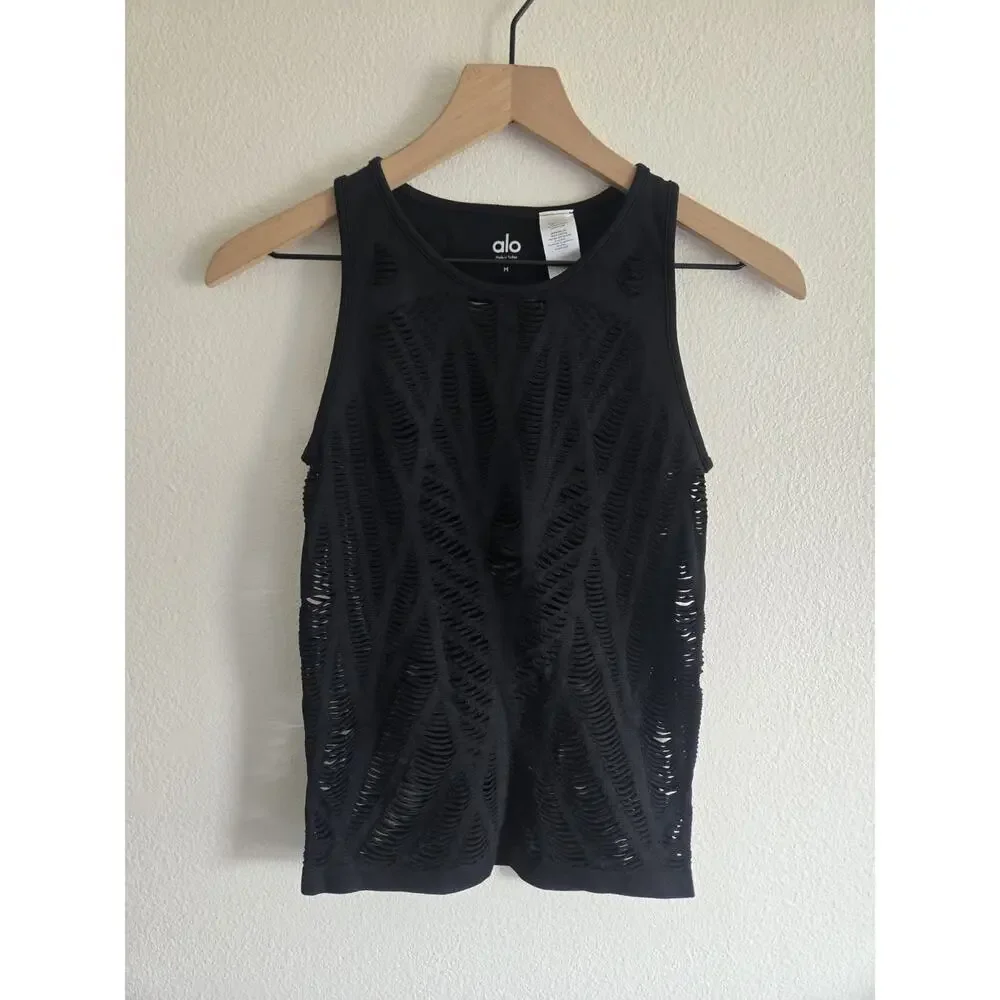 Alo Yoga Fitted Vixen Muscle Tank Cutout Medium Black Gym Training Athleisure